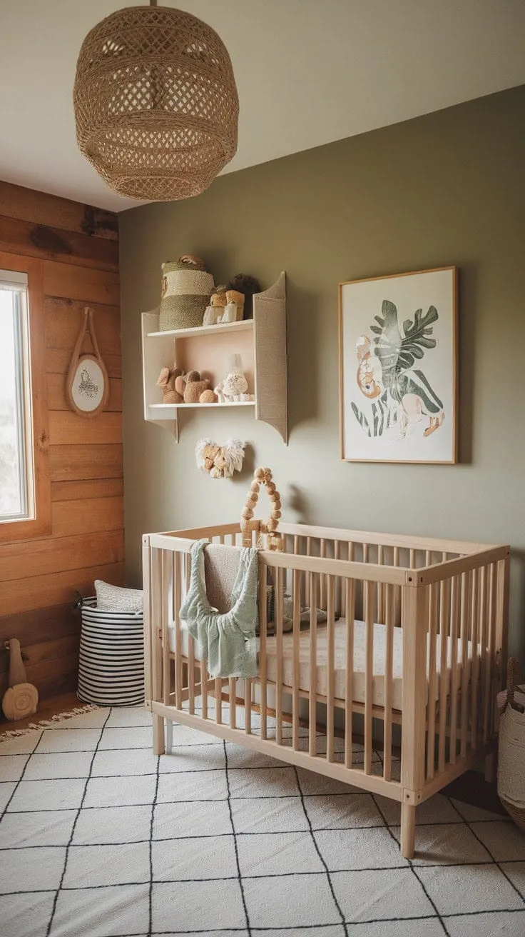 The 2024 nursery design harmoniously blends minimalist boho and safari elements, featuring a serene sage and cream palette against natural wood, while maximizing space with clever storage solutions and charming neutral art.