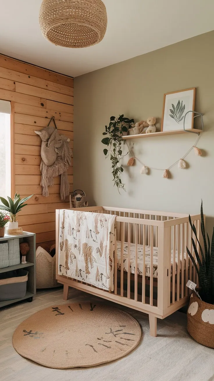 This soothing nursery features a neutral safari crib decor, a light gray accent wall, and a cozy atmosphere enhanced by natural light and greenery.