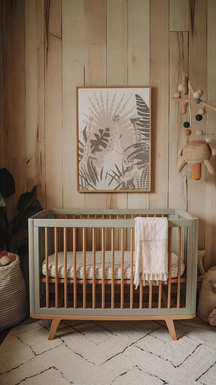 Discover a soothing 2024 baby nursery featuring natural wood walls, a sage cream crib adorned with neutral safari nursery art, and clever storage ideas for small spaces in a minimal boho style.