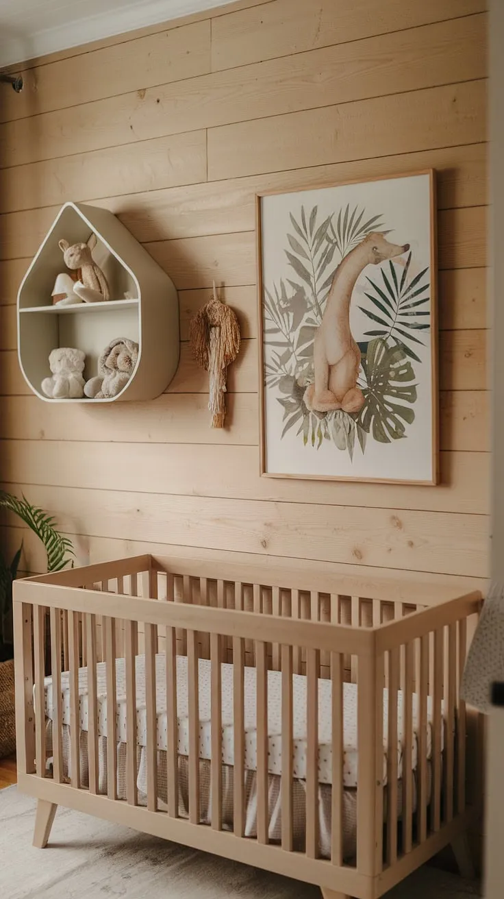 This 2024 baby nursery showcases a soothing minimal boho design with natural wood walls, a sage cream color scheme, neutral safari nursery art above the crib, and clever storage ideas for small spaces.