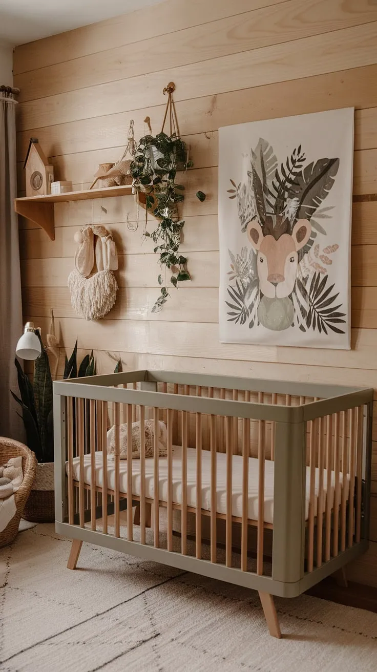 This neutral baby nursery showcases soothing design elements like natural wood walls, a sage cream crib, and minimal boho accents, perfect for creating a stylish and functional space.