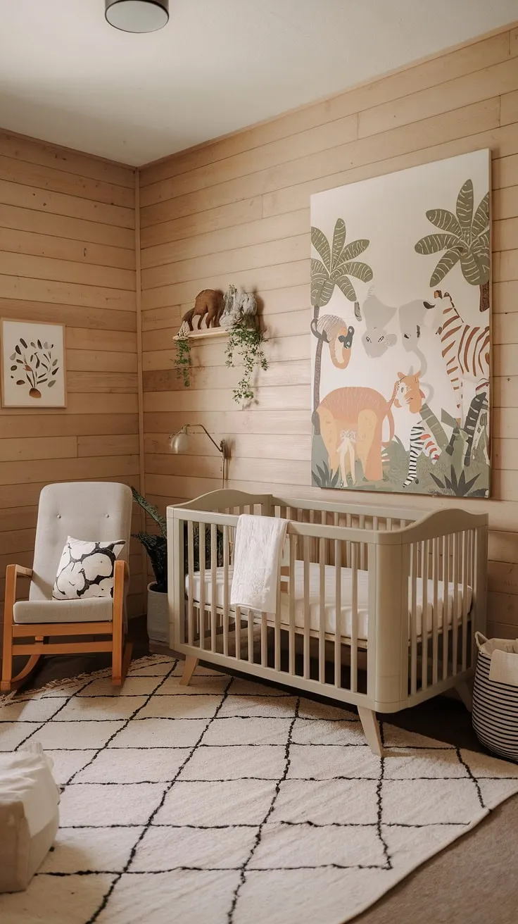 This 2024 baby nursery features natural wood walls, a sage cream crib, and neutral safari nursery art, creating a minimal boho space with soothing decor and smart storage ideas for small spaces.
