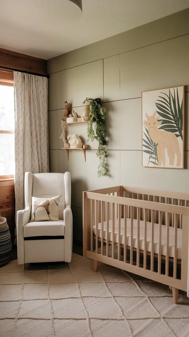 With its natural wood walls and a calming sage cream color scheme, this minimal boho nursery combines stylish crib decor and clever storage solutions for small spaces, highlighted by a delightful neutral safari art piece.