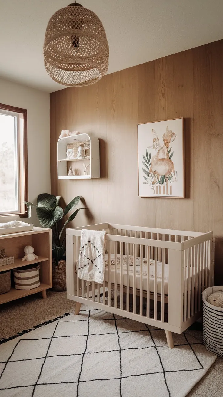 Create a soothing 2024 neutral baby nursery with natural wood walls, minimal boho decor in sage cream, clever storage ideas for small spaces, and charming safari art on the accent wall.