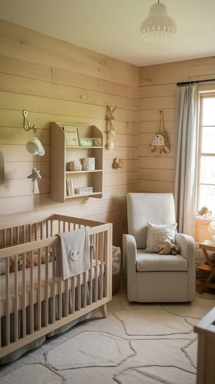 With its calming color palette and thoughtful nursery crib decor, this neutral baby nursery combines functionality and style for a perfect accent wall nursery.