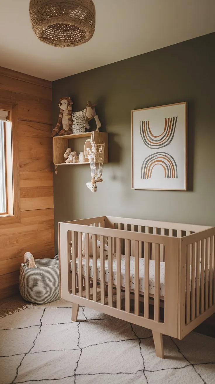 The neutral baby nursery showcases natural wood walls, a calming sage and cream color scheme, minimal boho art, safari crib decor, and smart storage solutions for small spaces.