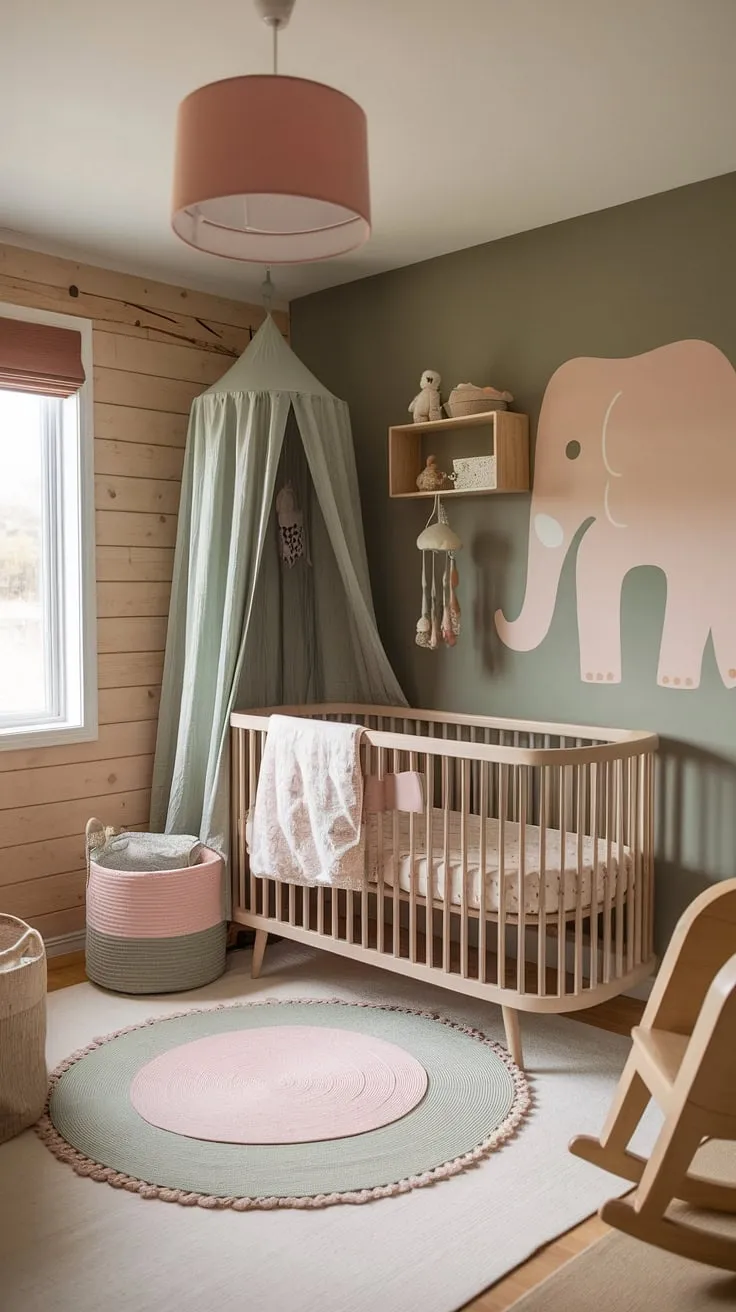 This 2024 baby nursery showcases a minimal boho design with natural wood walls, a soothing sage and cream palette, and charming neutral safari nursery art, all while incorporating smart storage ideas for small spaces.