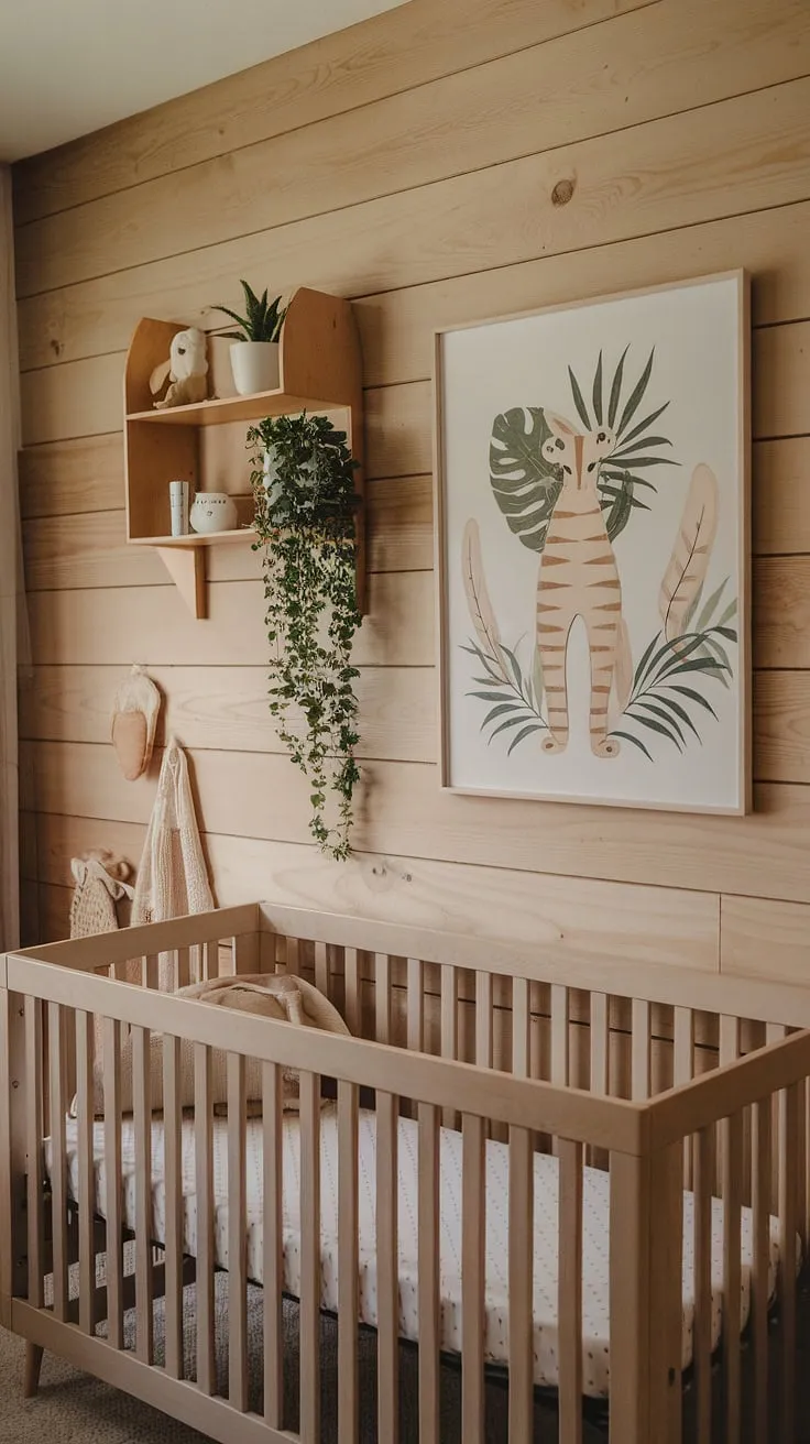 This neutral baby nursery combines natural wood walls and a sage cream palette with minimal boho decor, showcasing a crib adorned with neutral safari nursery art and smart storage solutions for small spaces.