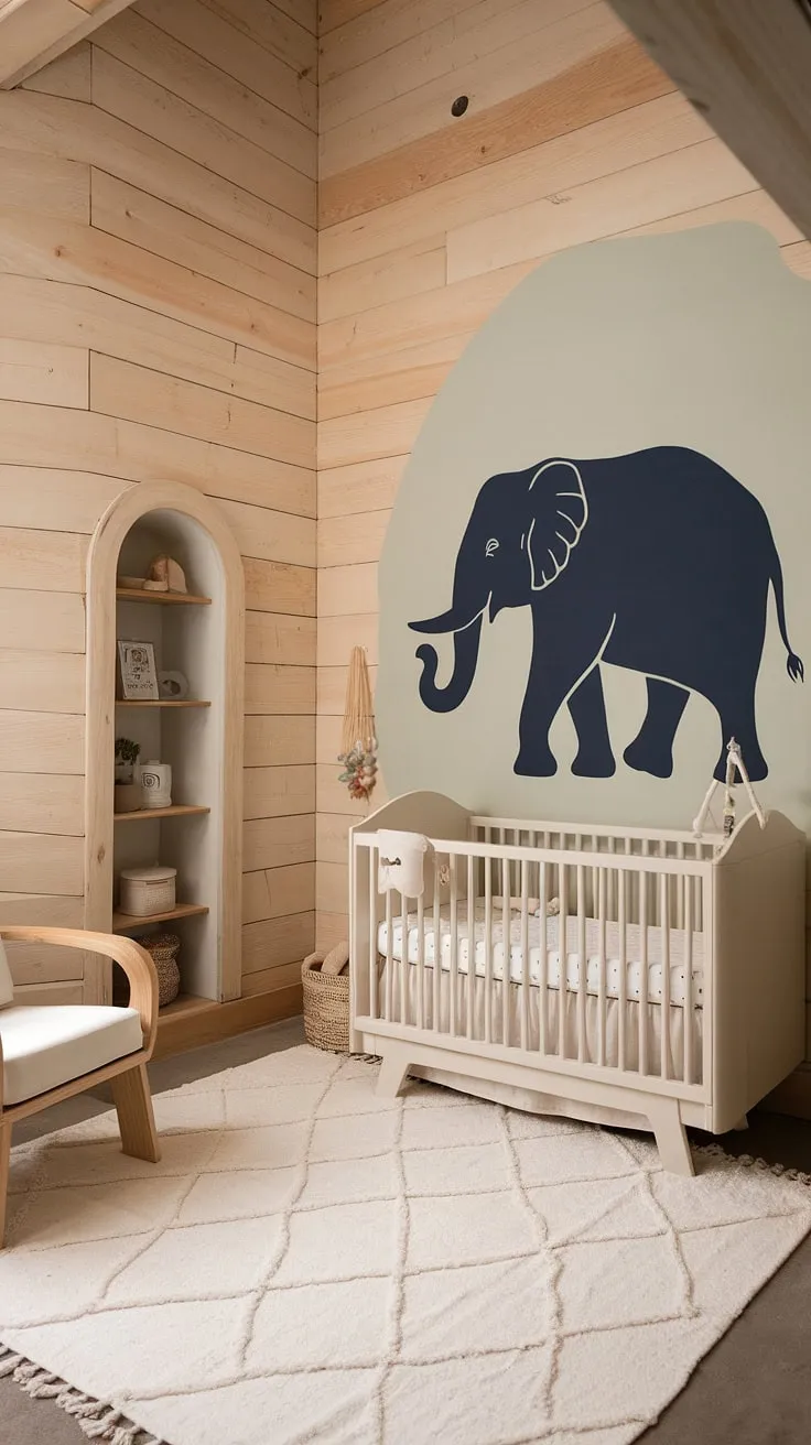This 2024 baby nursery features natural wood walls and a soothing sage cream color scheme, showcasing minimal boho style with a neutral safari nursery art accent wall, perfect for small spaces with clever storage ideas.