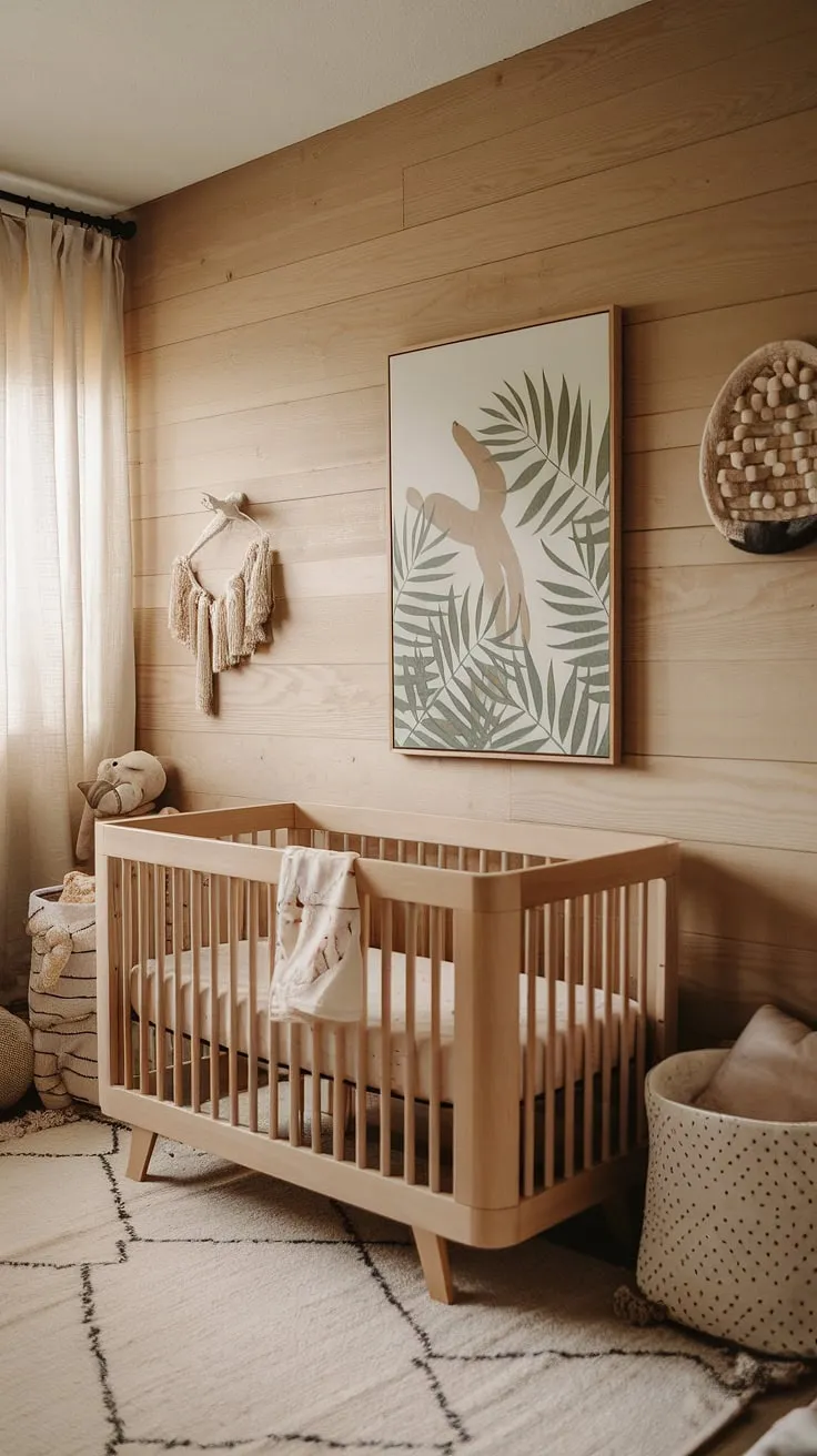 With its calming atmosphere, this neutral baby nursery showcases natural wood walls, a sage cream color scheme, and minimal boho decor, complemented by smart storage solutions and accent wall nursery art.