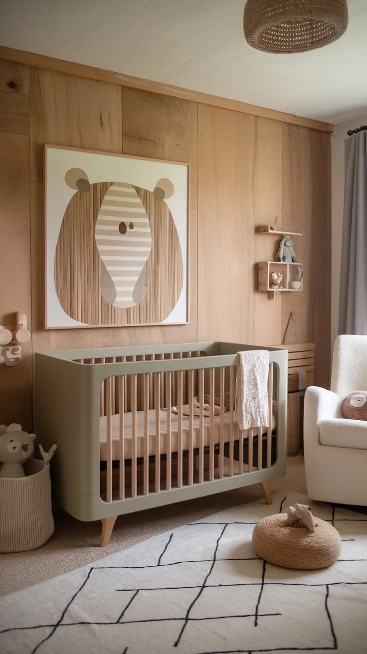This 2024 baby nursery features natural wood walls, a sage cream crib adorned with neutral safari nursery art, and minimal boho decor, making it a perfect blend of soothing nursery ideas and smart storage solutions for small spaces.