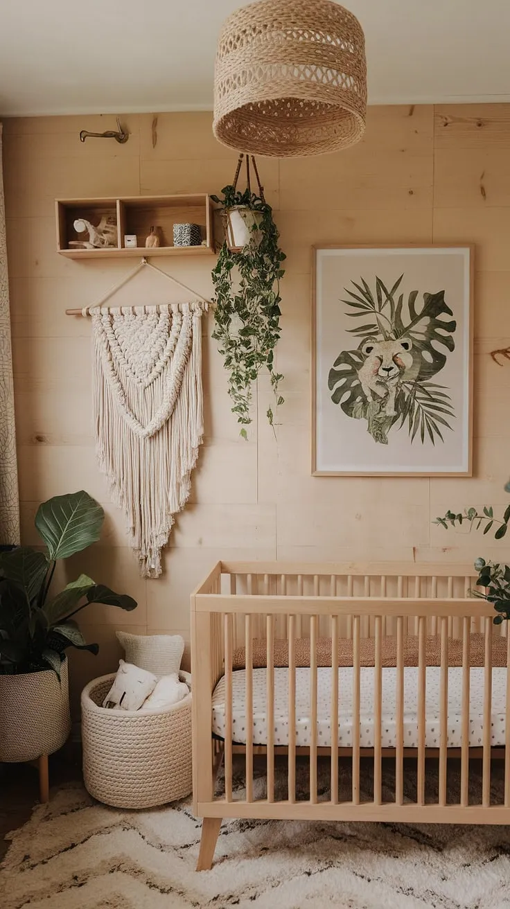 This 2024 baby nursery features natural wood walls and a sage cream color scheme, creating a soothing minimal boho vibe with neutral safari nursery art, a stylish crib, and clever storage ideas for small spaces.