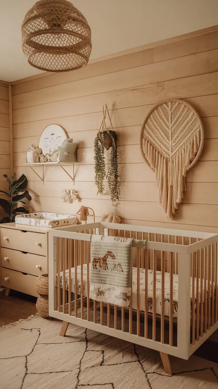 This 2024 baby nursery features natural wood walls and sage cream decor, showcasing soothing nursery ideas with minimal boho elements, a safari-themed crib, and clever storage ideas for small spaces.