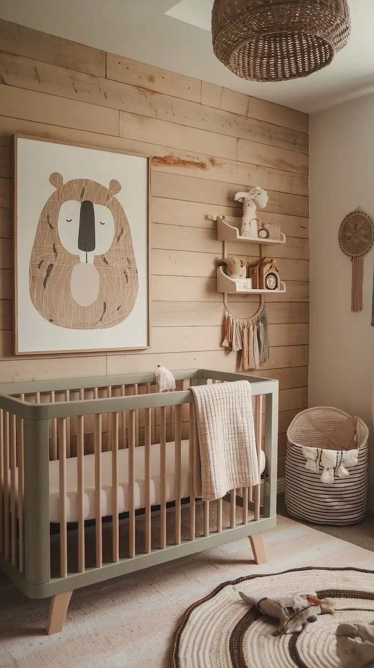 This soothing neutral baby nursery showcases a sage cream crib, natural wood walls, and minimalist boho decor, perfect for creating a calming atmosphere with clever storage ideas.