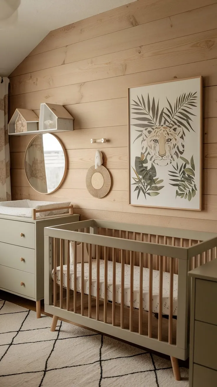 Featuring an accent wall with a large round mirror and wooden sculpture, this neutral baby nursery combines style and functionality for a perfect calming retreat.