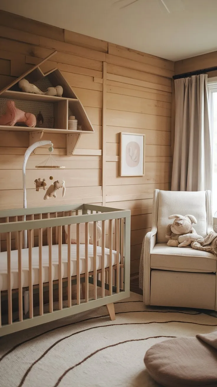 Featuring soothing nursery ideas, this neutral baby nursery combines a cozy atmosphere with a stylish accent wall and charming nursery crib decor.