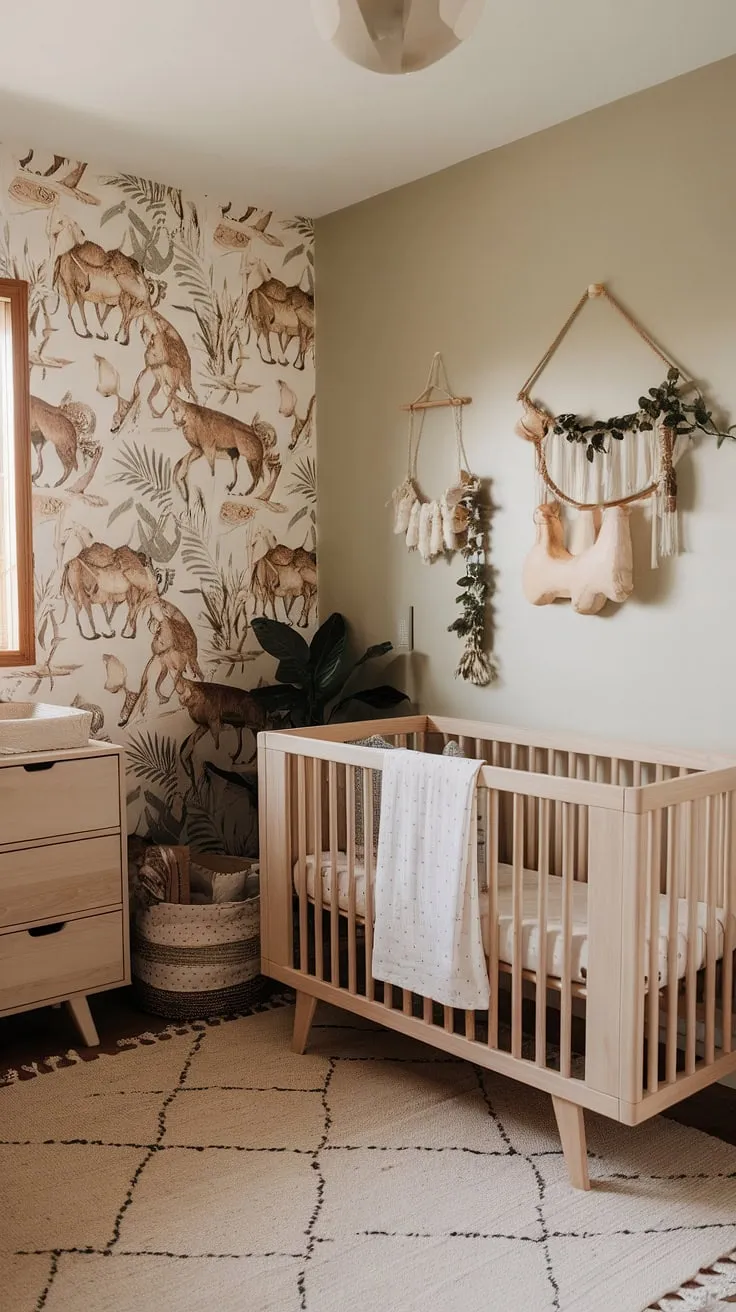 This 2024 baby nursery showcases a minimal boho design with natural wood walls, a soothing sage cream color scheme, and neutral safari nursery art, complemented by smart storage ideas for small spaces.