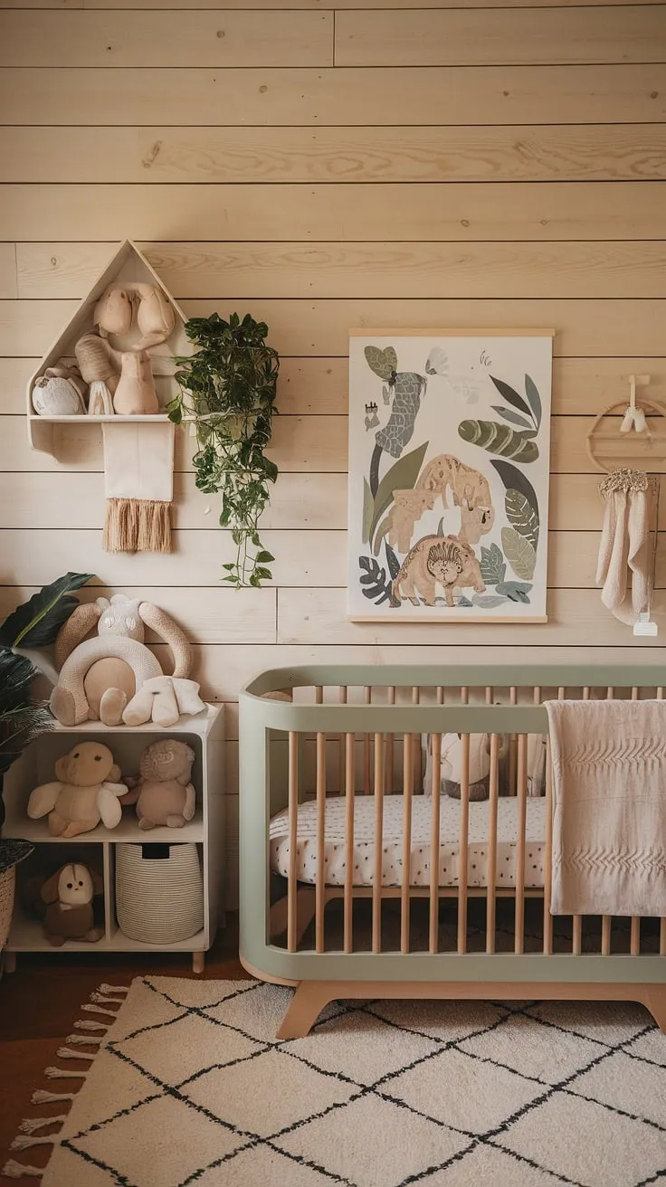 This 2024 baby nursery features natural wood walls, a sage cream crib adorned with neutral safari nursery art, and minimal boho decor, making it a perfect blend of soothing nursery ideas and smart storage solutions for small spaces.