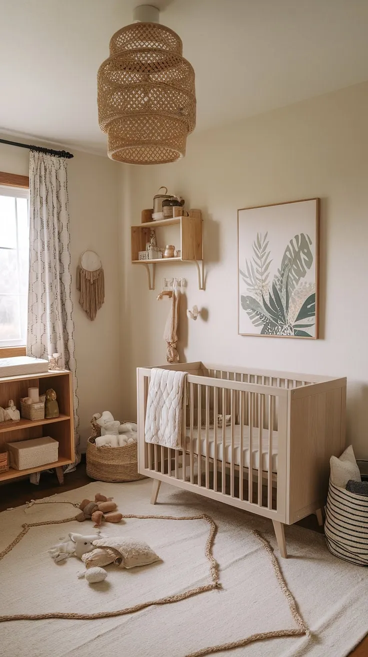 The neutral baby nursery showcases natural wood walls and a sage cream color scheme, complemented by minimal boho decor, neutral safari art, and smart storage solutions for small spaces, perfect for a calming retreat.