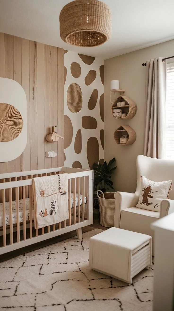 This 2024 baby nursery features natural wood walls and a minimal boho style with sage cream decor, a safari-themed crib, and clever storage ideas for small spaces, all enhanced by a soothing accent wall.