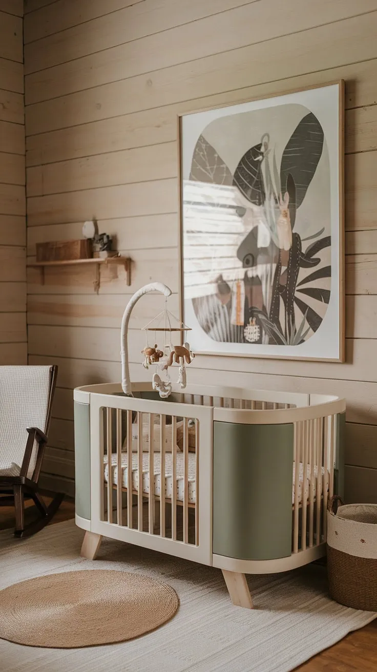 This 2024 baby nursery features natural wood walls, a sage cream crib with safari-themed decor, and clever storage ideas for small spaces, creating a soothing minimal boho atmosphere.