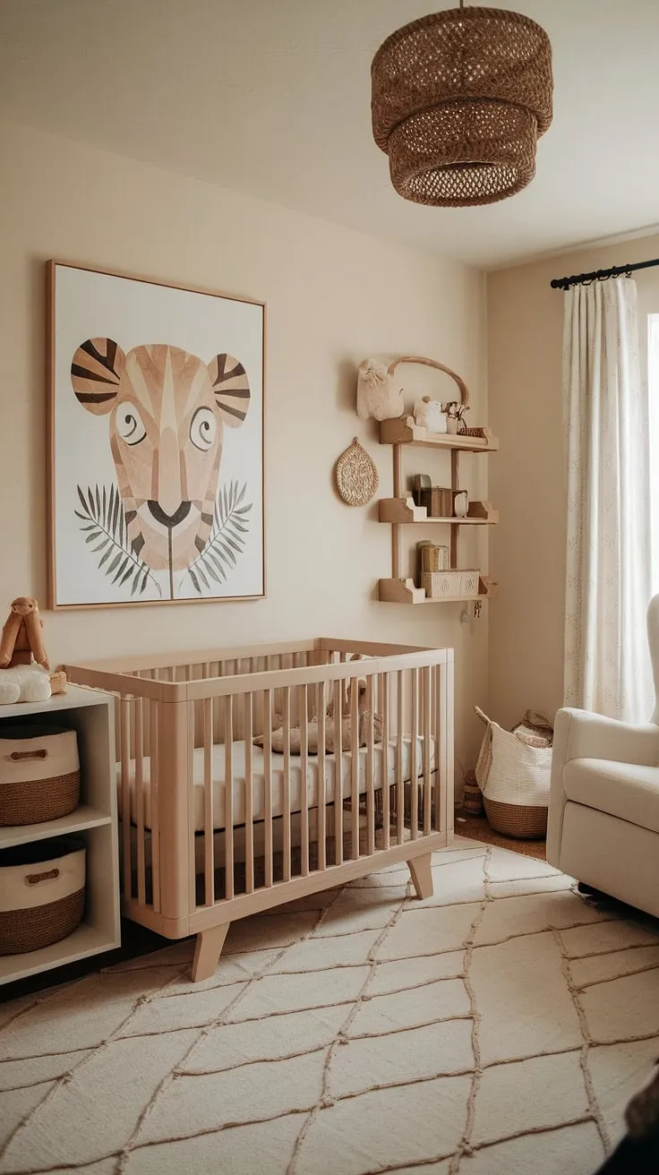 This 2024 baby nursery showcases a minimal boho design with natural wood walls, a soothing sage cream palette, neutral safari nursery art above the crib, and clever storage ideas for small spaces.