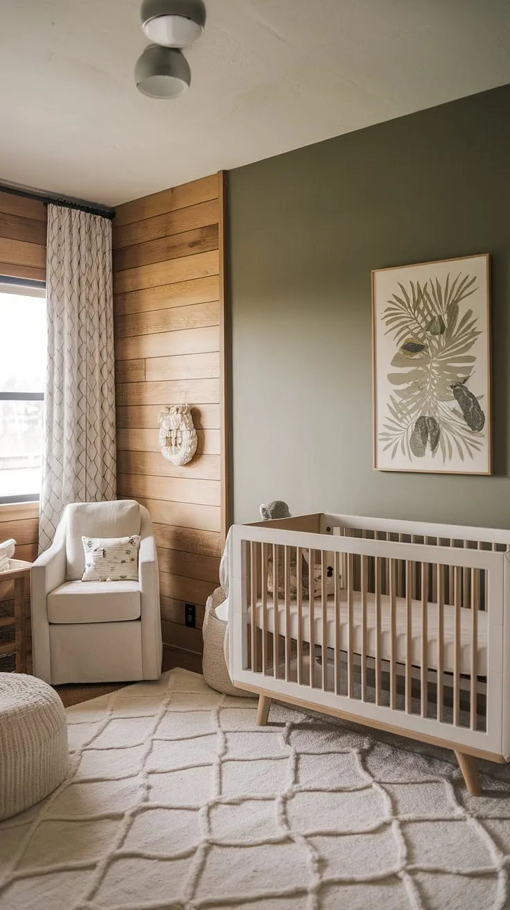 This 2024 baby nursery features natural wood walls, a soothing sage cream palette, minimal boho decor, and clever storage ideas for small spaces, highlighted by neutral safari nursery art on the accent wall.
