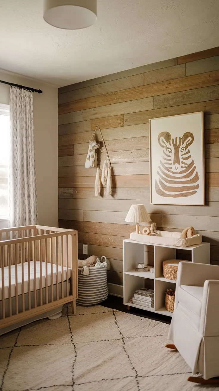 Discover a 2024 baby nursery featuring natural wood walls, soothing sage cream tones, minimal boho decor, and clever storage ideas for small spaces, all enhanced by neutral safari nursery art and a stylish accent wall.