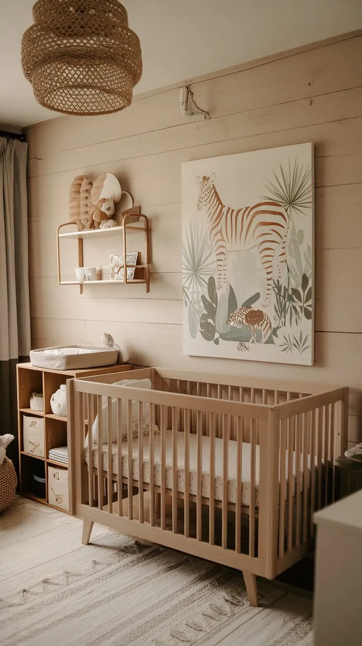 Discover a 2024 baby nursery featuring natural wood walls, a sage cream palette, minimal boho decor, and clever storage ideas for small spaces, all enhanced by neutral safari nursery art above the crib.