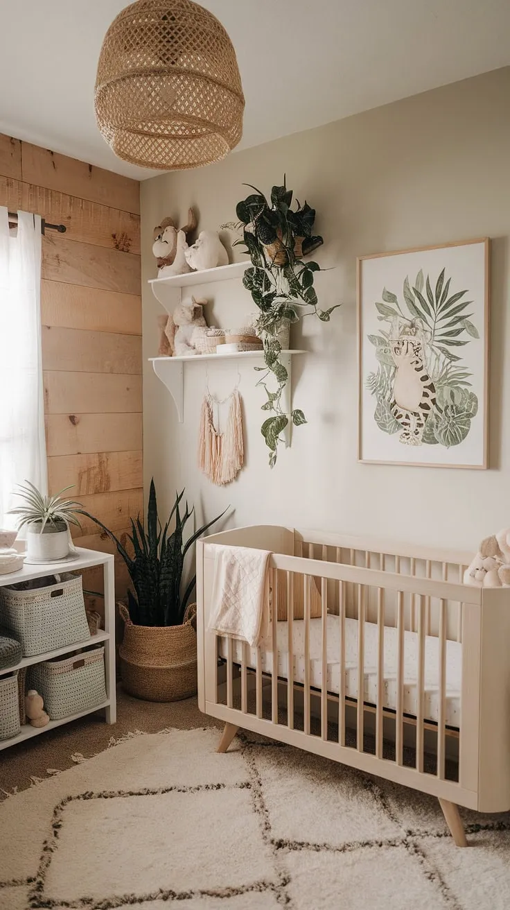 Discover a soothing 2024 baby nursery featuring natural wood walls, a sage cream color scheme, minimal boho decor, and clever storage ideas for small spaces, all enhanced by neutral safari nursery art.