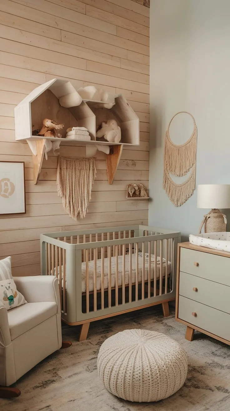 This 2024 baby nursery showcases a minimal boho design with natural wood walls, a sage cream crib, and clever storage ideas for small spaces, complemented by neutral safari nursery art and a soothing accent wall.