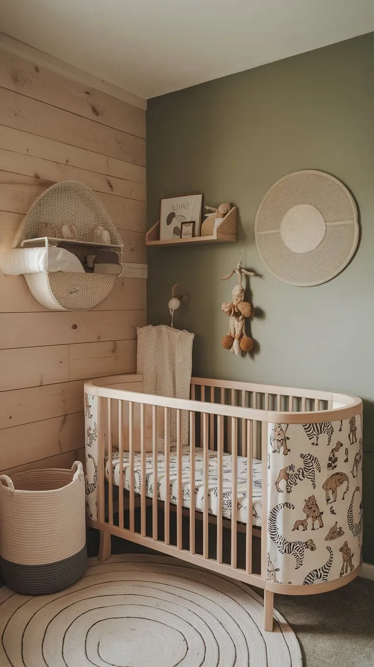 This 2024 baby nursery features a minimal boho style with natural wood walls, a sage cream accent wall, neutral safari nursery art, and clever storage ideas for small spaces.
