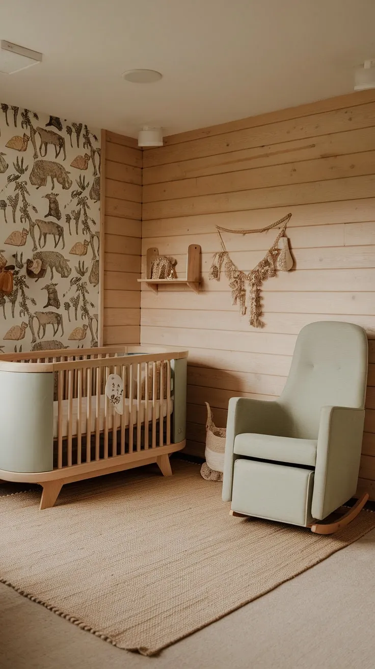 Featuring soothing nursery ideas, this neutral baby nursery combines natural wood elements, a sage cream crib, and playful safari art for a stylish and functional space.