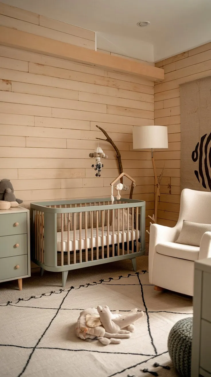 Design a calming neutral baby nursery with natural wood walls, a sage green crib, and minimal boho accents, complemented by neutral safari nursery art and clever storage solutions.