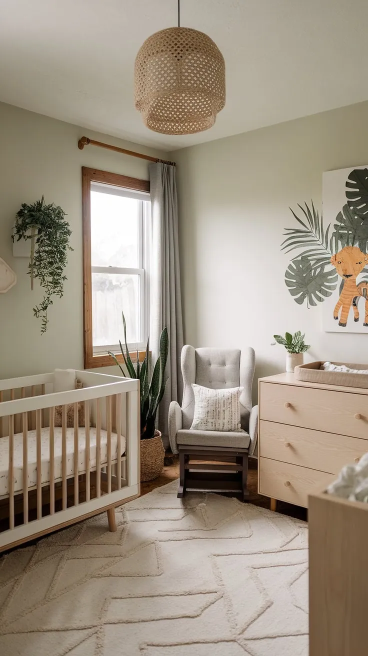 This 2024 baby nursery features natural wood walls, a soothing sage and cream palette, minimal boho decor, and clever storage ideas for small spaces, highlighted by neutral safari nursery art and a stylish accent wall.