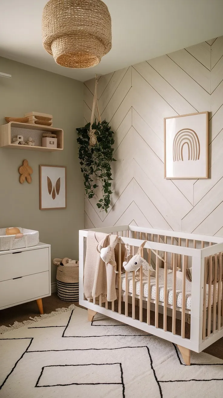 With its accent wall of wooden planks and stylish crib decor, this neutral baby nursery combines functionality and aesthetic charm for a perfect calming retreat.