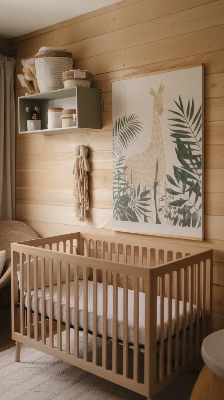 This serene nursery combines a soothing sage cream palette and natural wood with clever storage and playful safari art, creating a stylish yet functional sanctuary for peaceful slumber.