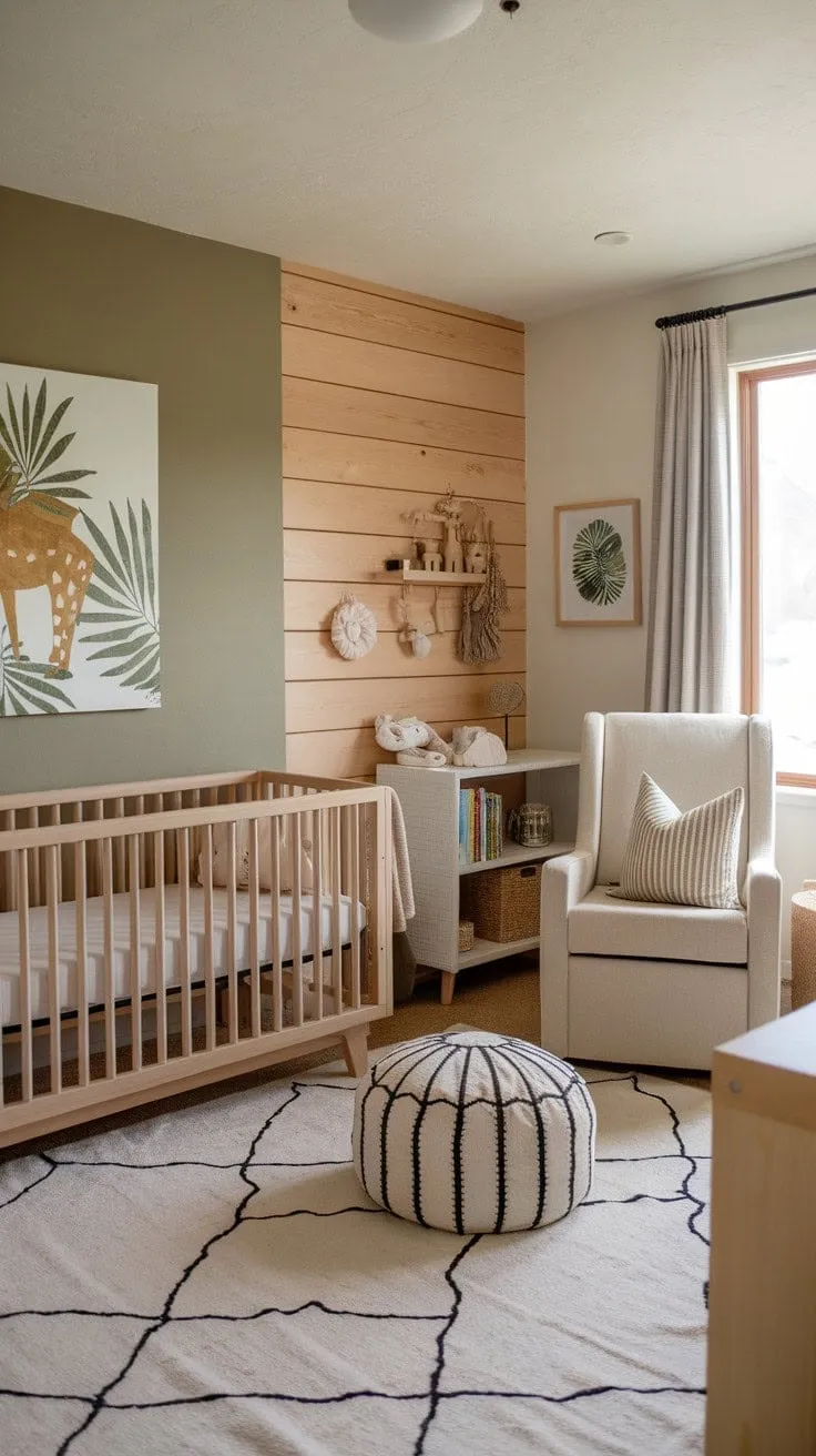 This minimalist nursery combines sunlit tranquility with natural wood, a soothing sage cream palette, and playful safari accents for a stylish yet serene sleep space.