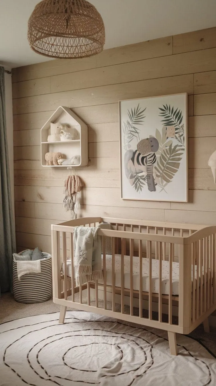 This serene nursery blends minimalist boho charm with sage cream hues and natural wood, creating a playful yet tranquil sanctuary for sweet dreams.