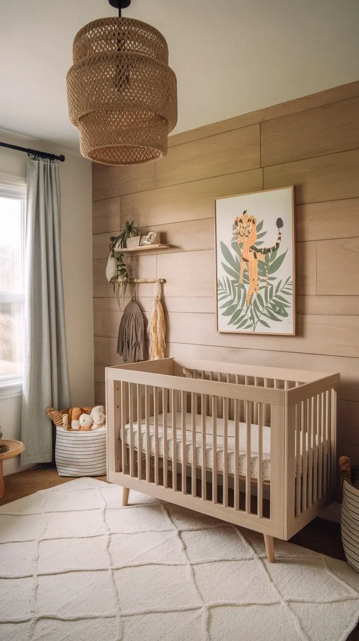 This serene 2024 nursery blends neutral tones and natural wood with a charming safari accent wall, creating a minimalist boho sanctuary for your little one.