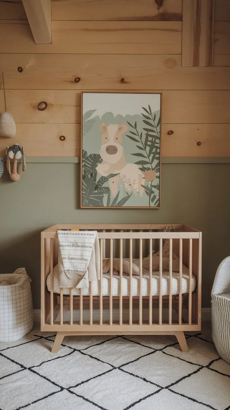 This dreamy nursery blends minimalist boho style with 2024's hottest trends, featuring natural wood, a soothing sage and cream palette, and charming safari art for a tranquil welcome to your little one.