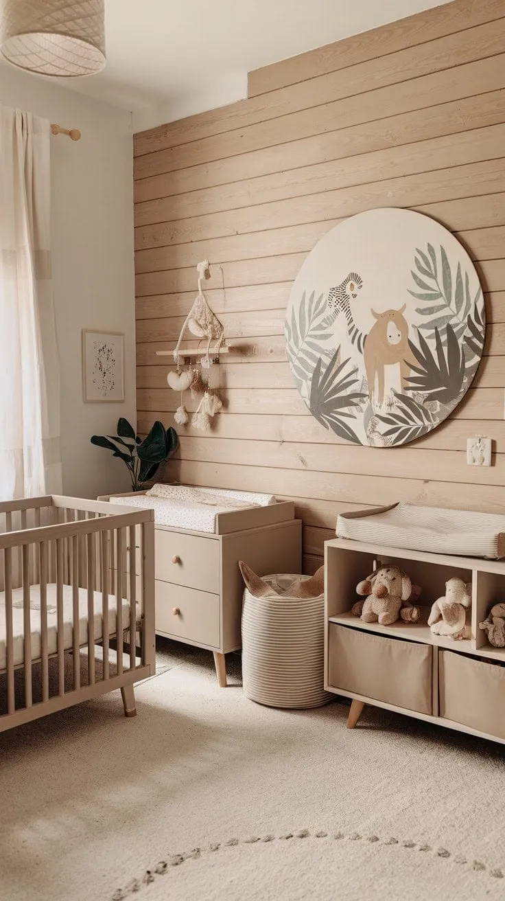 This serene baby nursery blends natural wood, soft sage hues, and minimalist boho charm with playful safari art, crafting a bright haven for welcoming new life.