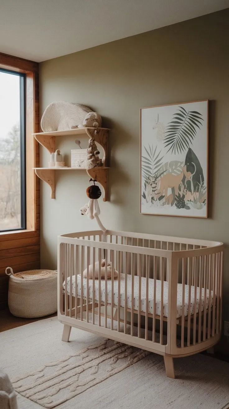 This sunlit minimalist nursery, adorned in soothing sage and cream with natural wood accents, offers a serene boho retreat for your little one.