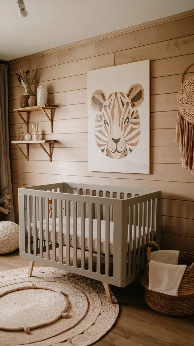 This serene nursery, adorned with natural wood and minimalist boho decor, creates a tranquil sanctuary for sweet dreams and cherished memories.