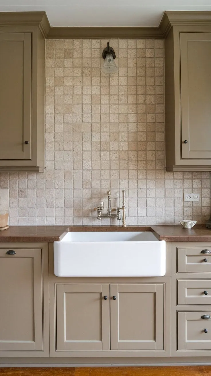 This kitchen masterfully combines subtle elegance with inviting warmth through its greige tile backsplash, tan cabinetry, and rich wood floors.