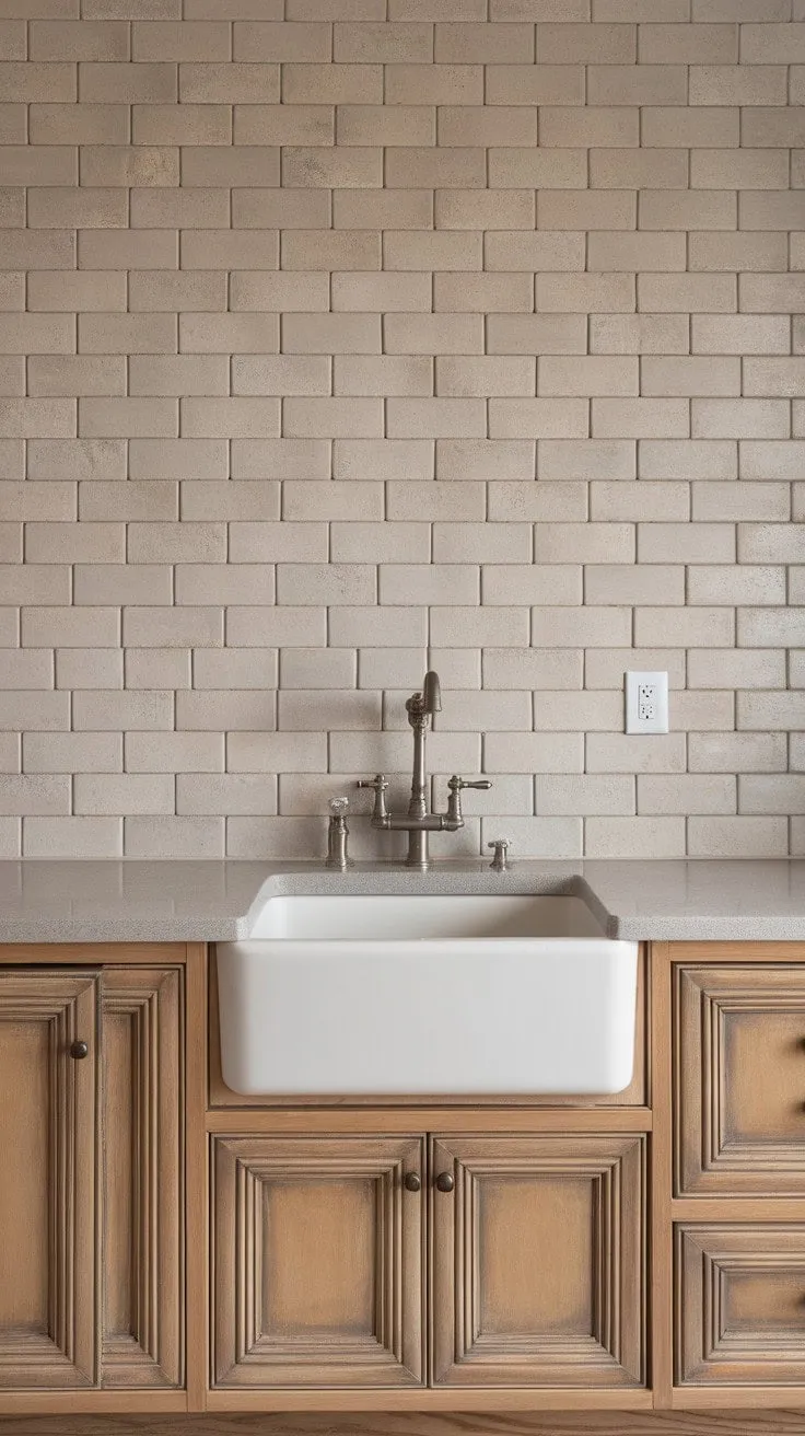 This kitchen blends understated luxury with practicality, showcasing a serene grey quartz countertop, distressed tan cabinetry, and a chic farmhouse sink.