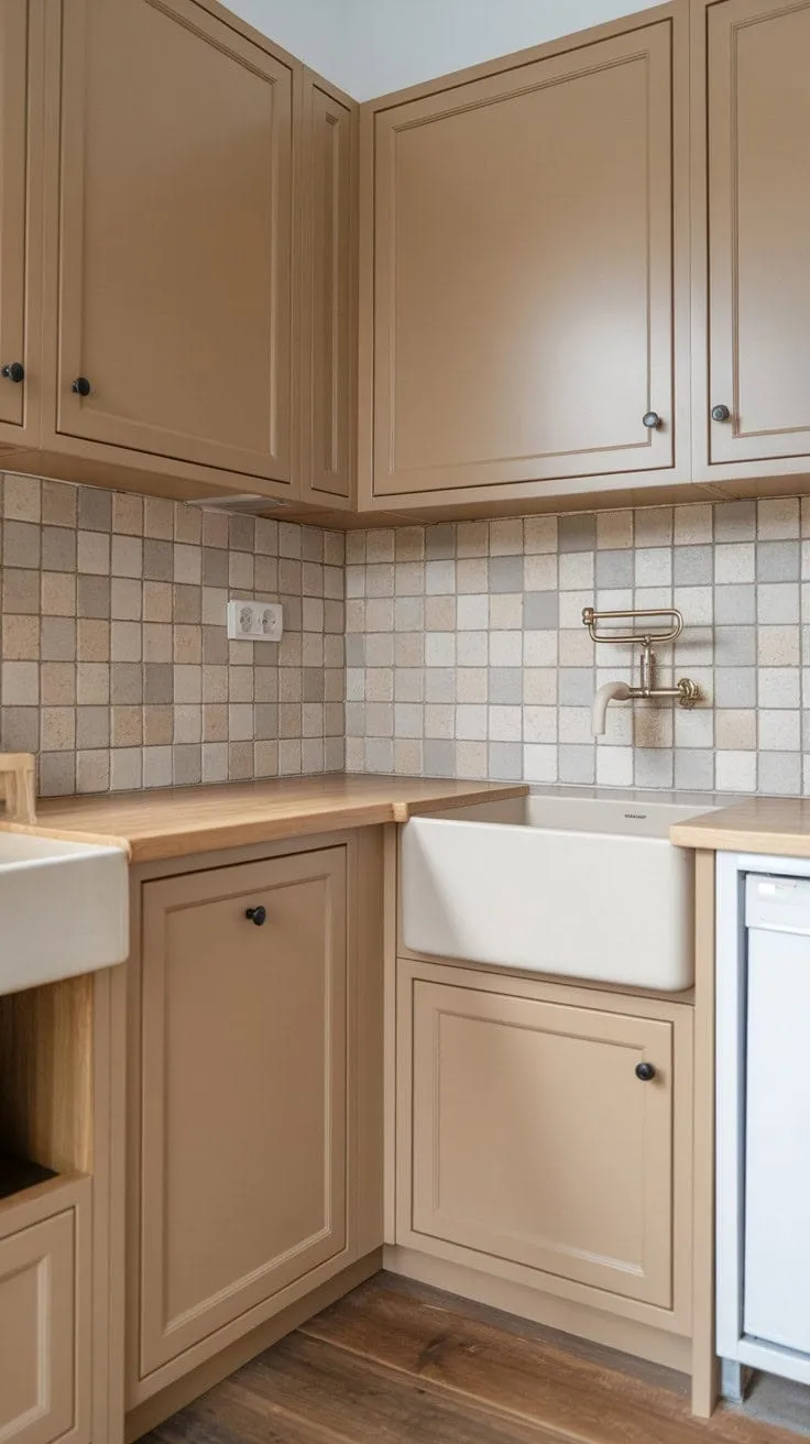 This kitchen's captivating blend of beige and grey hues, light wood, and a charming farmhouse sink creates a serene and practical haven.