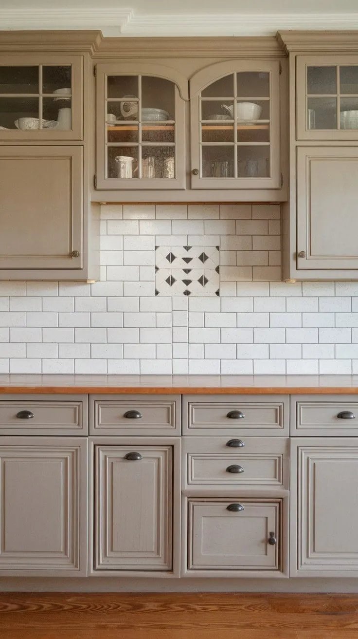 A serene kitchen masterpiece emerges, blending neutral tones with elegant farmhouse charm and rich hardwood, creating a harmonious sanctuary of style and functionality.