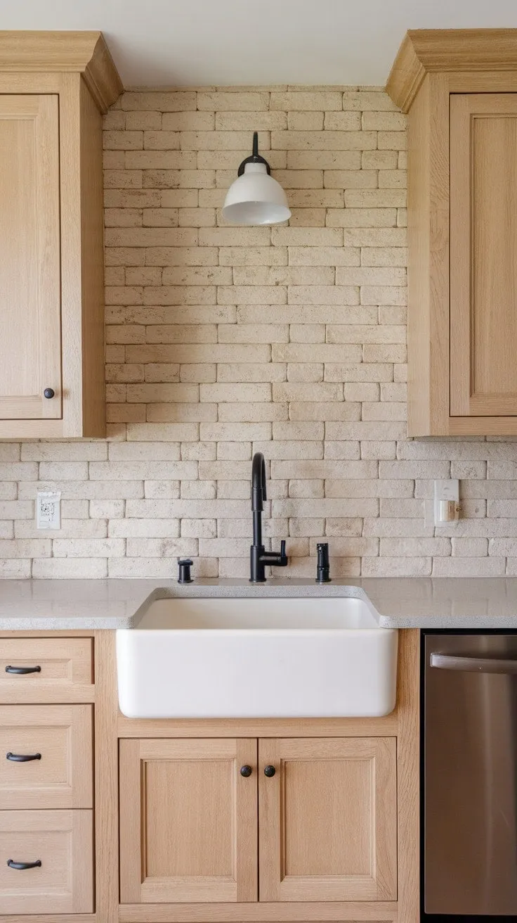 This kitchen elegantly blends light wood and greige tones with sleek black and white accents, crafting a serene yet sophisticated culinary retreat.