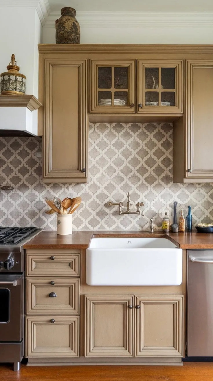 This kitchen masterfully combines warmth and elegance with tan cabinets, a chic gray and white backsplash, and hardwood floors, creating an inviting yet sophisticated atmosphere.